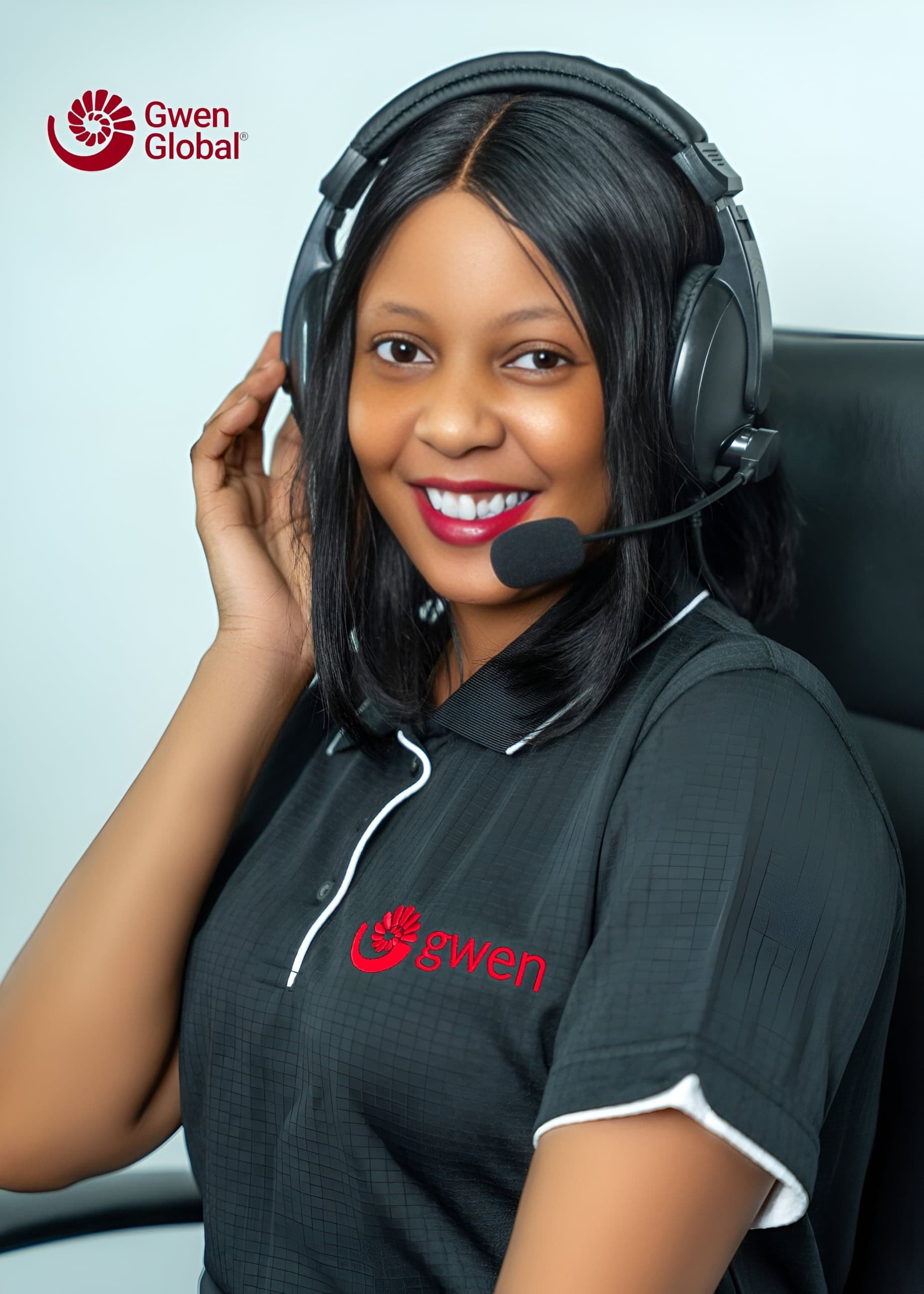 Gwen Global consultant wearing a headset