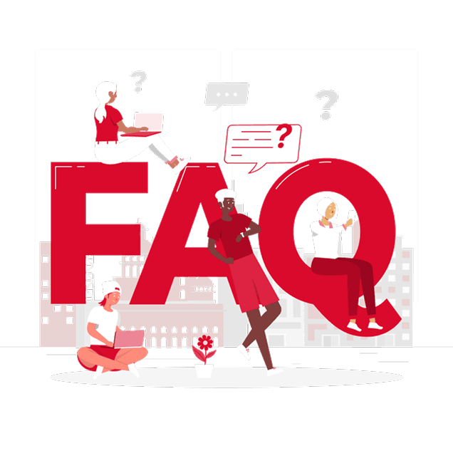Illustration of people around large red letters spelling FAQ
